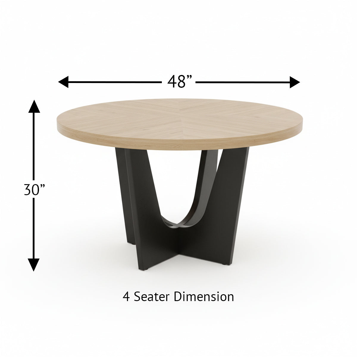 Round dining table with 48-inch width and 30-inch height, showing modern black U-shaped base design.