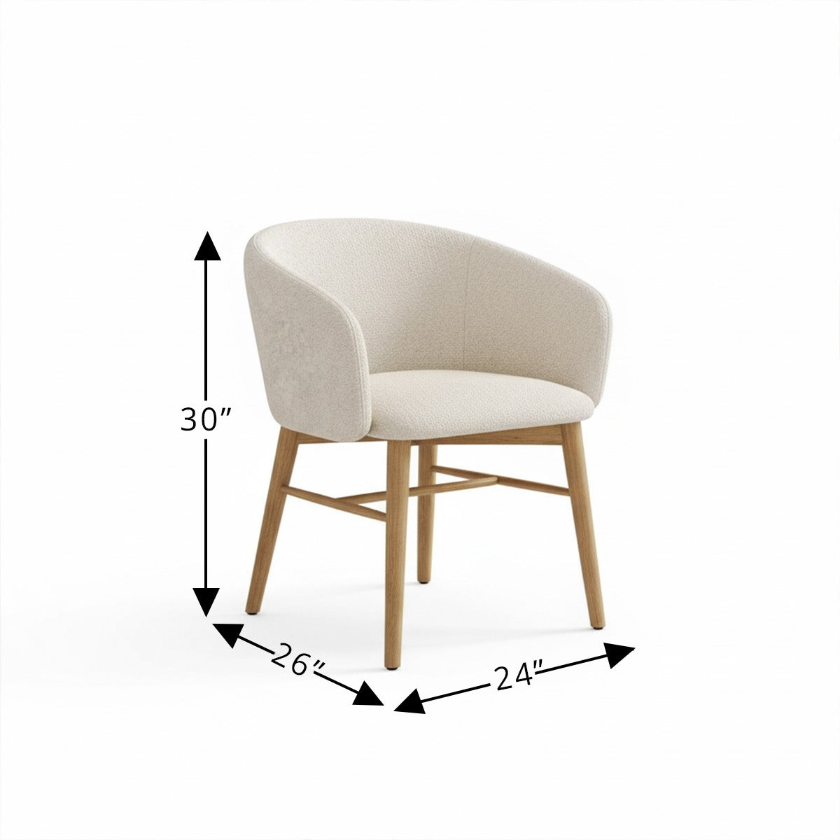 Dimensions diagram for the Arco boucle dining armchair: 30 inches high, 26 inches deep, and 24 inches wide.