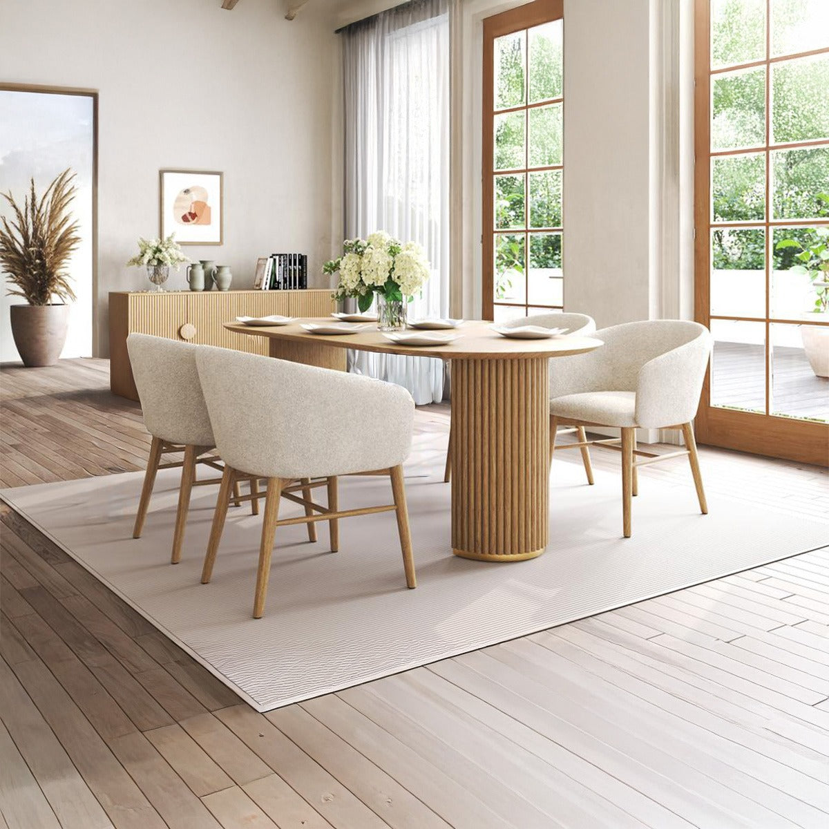 Arco 6-seater natural wood dining set in a stylish room with a matching fluted sideboard and light hardwood floors.