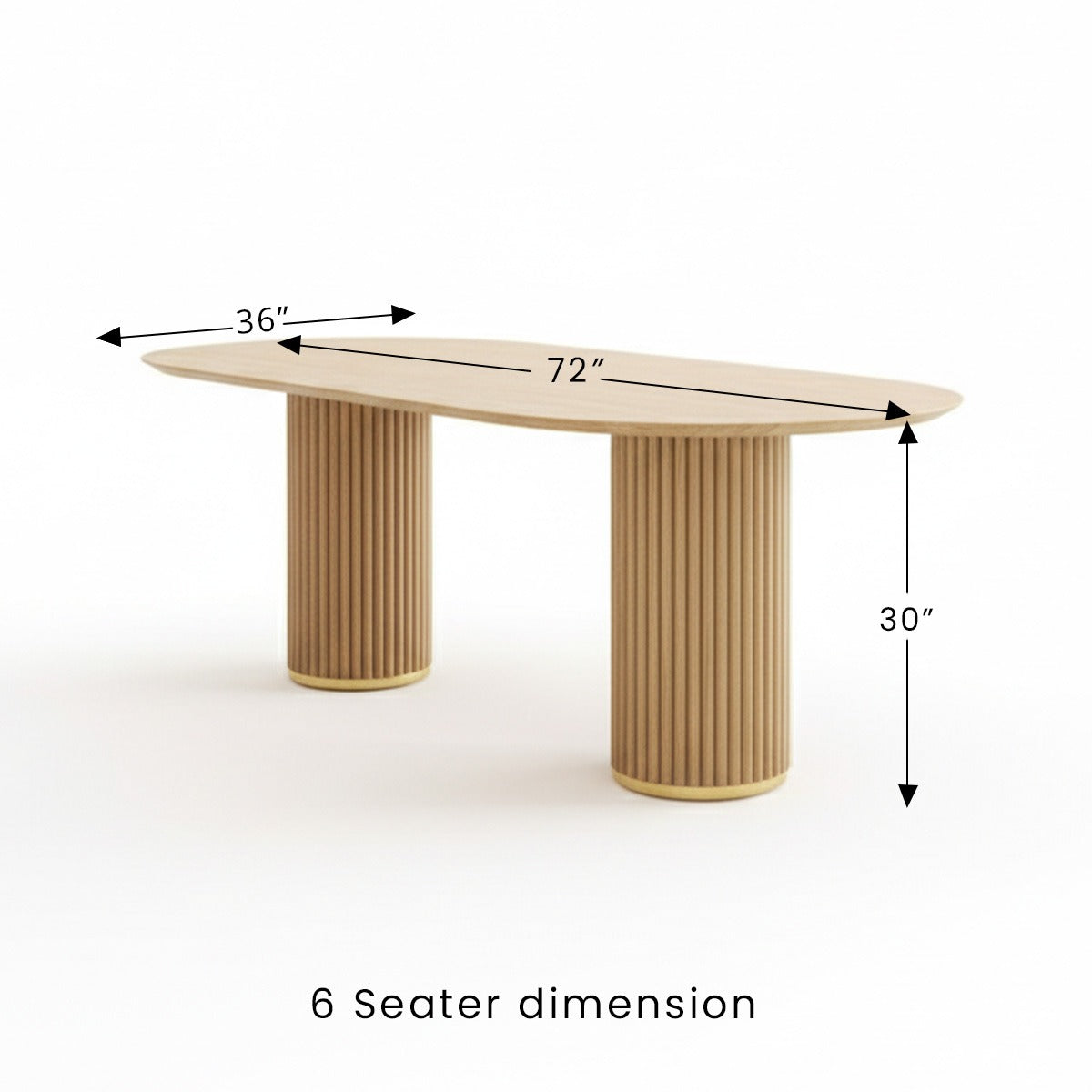 Dimensions diagram for the Arco 6-seater oval dining table: 72 inches long, 36 inches wide, and 30 inches high.