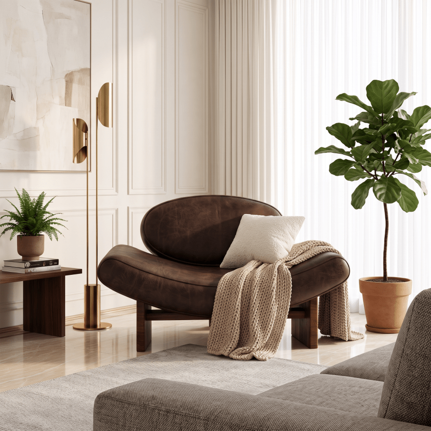A modern brown leather lounge chair in a styled living room setting, featuring a cream throw pillow, a beige knit blanket draped over the side, a side table with a small plant, and a tall potted fiddle-leaf fig on a light rug.