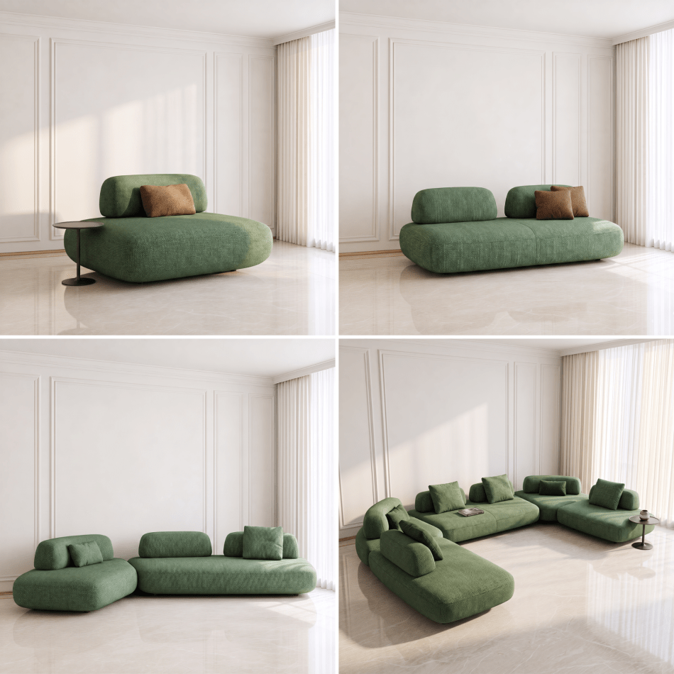 A four-panel collage showing a modular upholstered sofa in a bright, modern room. The sofa is upholstered in a textured sage green fabric and includes a rounded, cloud-like backrest, low-profile seat cushions, and matching throw pillows.