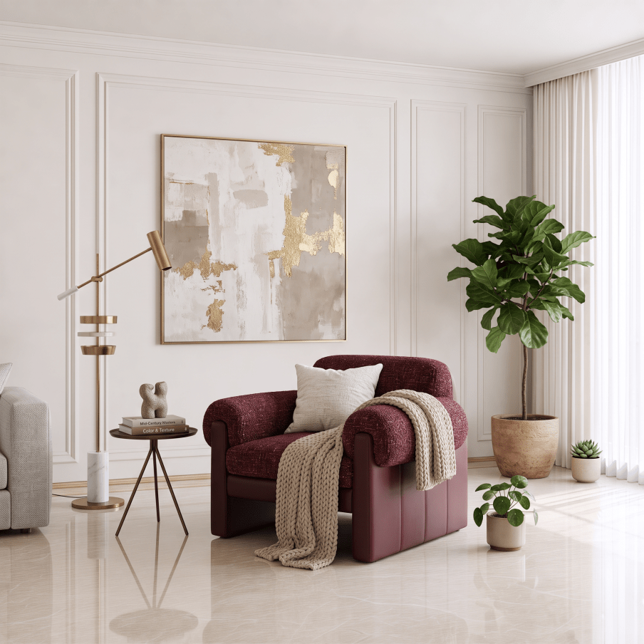 A styled living room scene featuring a burgundy armchair with a cream knit throw blanket and pillow, set in front of a large abstract gold, gray, and white painting on a white paneled wall. The room is decorated with a gold floor lamp, a potted fiddle-leaf fig plant, and smaller potted plants on a polished light beige tile floor.