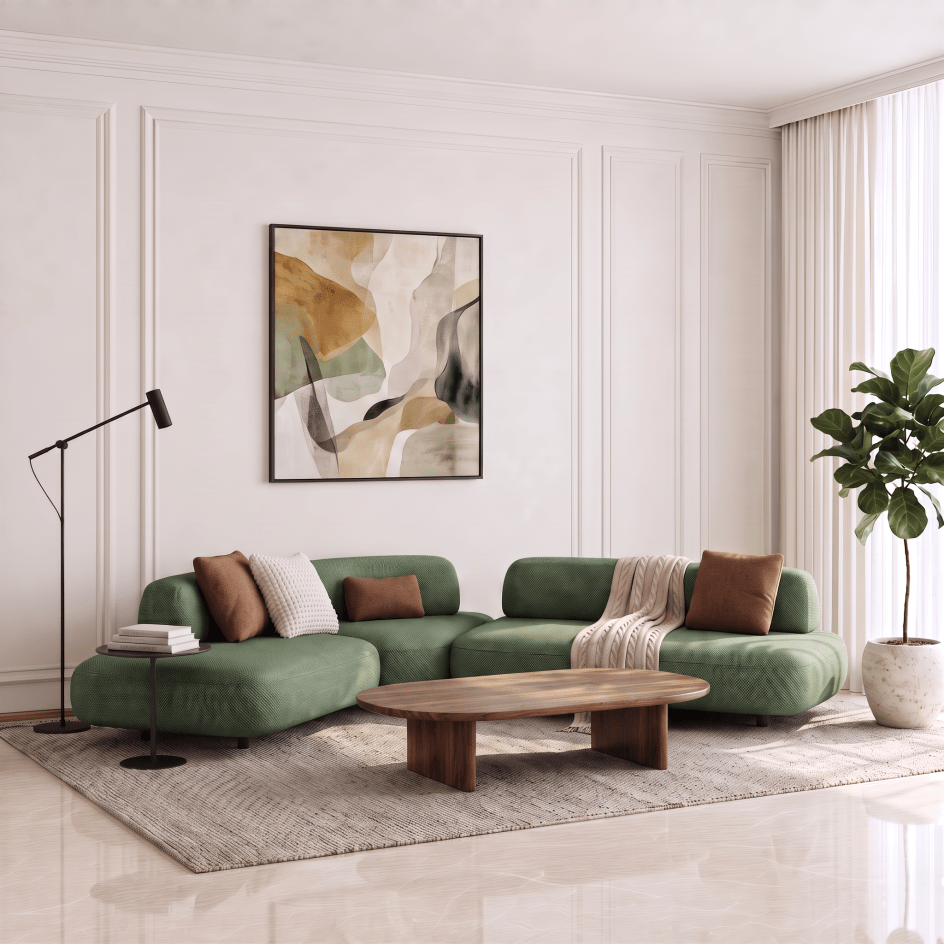 A modern living room featuring a green modular sectional sofa with brown and cream throw pillows, styled with a wooden coffee table, a black floor lamp, and a large abstract painting on the wall.