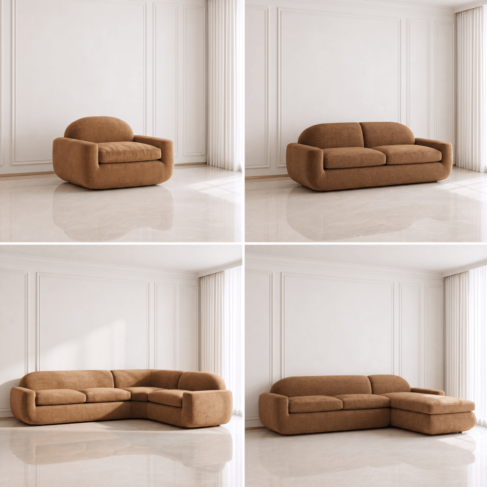 A four-panel collage showing the same upholstered seating furniture in different configurations: a rounded armchair, a two-seat sofa, a curved three-seat sofa, and a large L-shaped sectional with a chaise. The pieces are shown in a bright white room with paneled walls and a glossy floor.