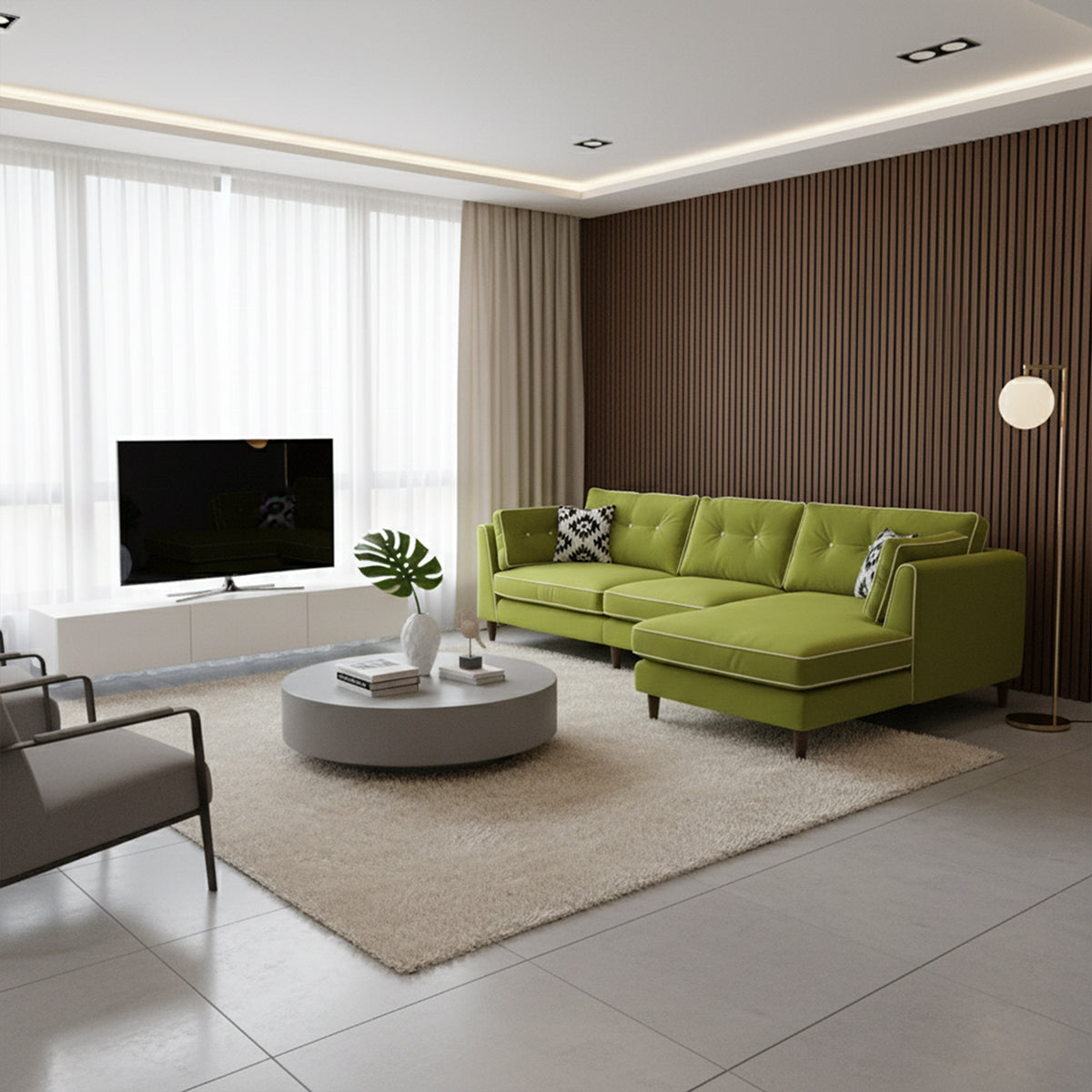 Cozy modern interior with a wood-slat feature wall and a bright green velvet Mallore 2-seater L-shaped sectional sofa (LHS lounger)