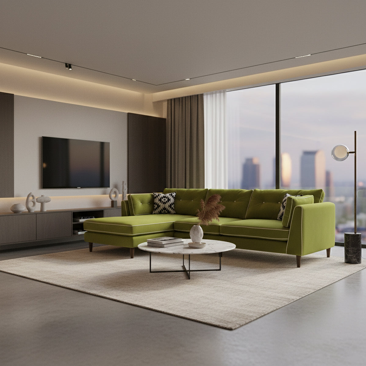 Luxurious modern living room with a bright green velvet Mallore 2-seater L-shaped sectional sofa (RHS lounger), white marble coffee table, and city view.