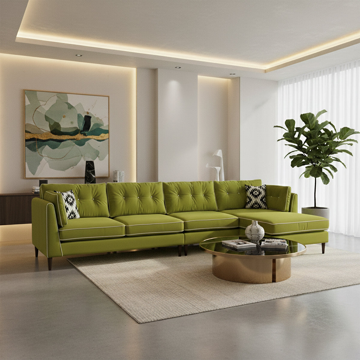Bright and modern living room showcasing a neon green velvet Mallore 3-seater L-shaped sectional sofa (LHS lounger) with a fiddle-leaf fig plant.