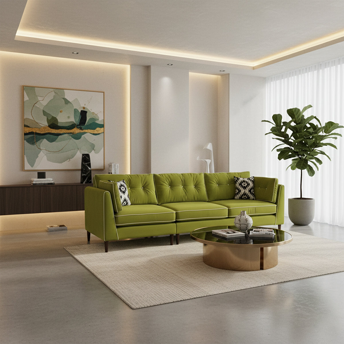 Modern aesthetic living room with a bright green velvet Mallore 3-seater sofa, round brass coffee table, and abstract wall art.