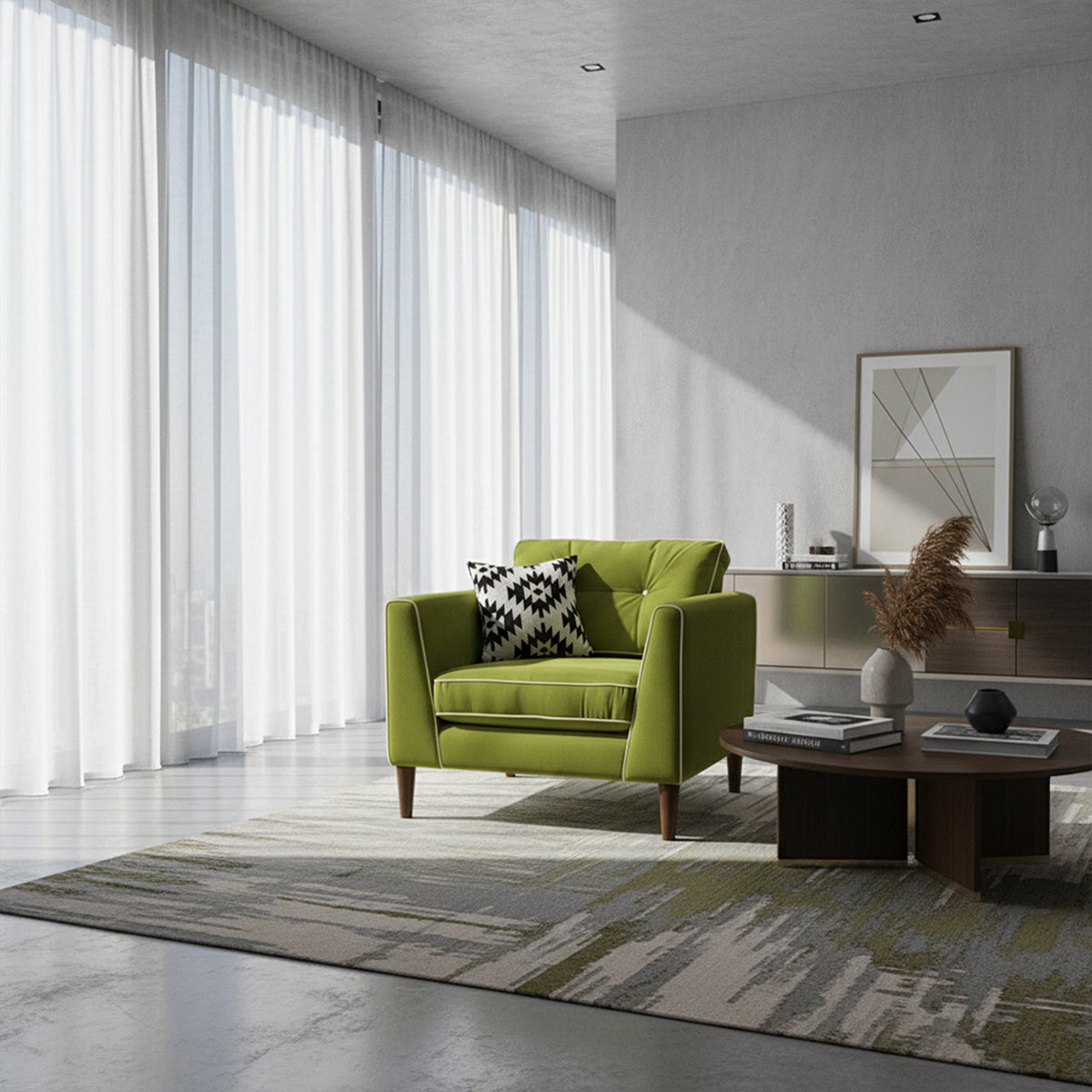 Minimalist aesthetic living room with a green velvet Mallore single-seater armchair and a dark wood coffee table.