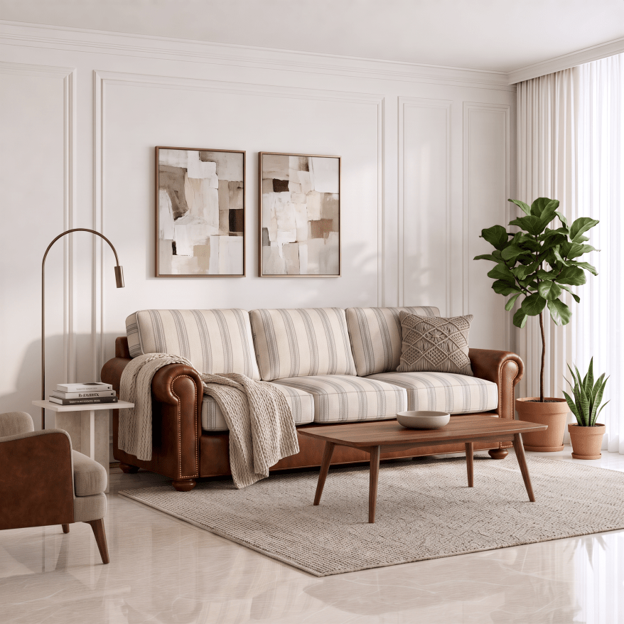A mid-century modern living room featuring a brown leather sofa with beige and white striped cushions, a matching striped throw blanket, a wooden coffee table, and a light gray rug. The room has white paneled walls, a floor lamp, and potted plants.
