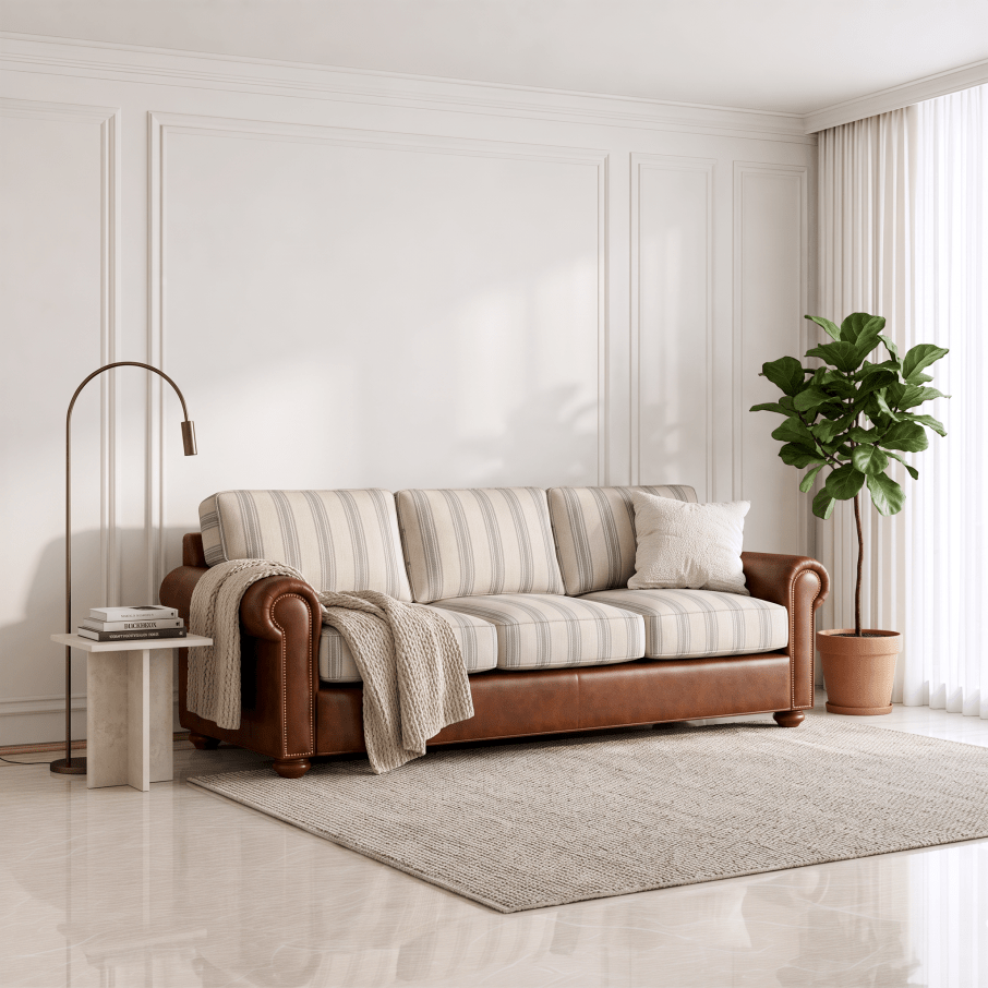 A brown leather sofa with cream and beige striped cushions, styled in a bright, modern living room with a side table, floor lamp, and potted plant.