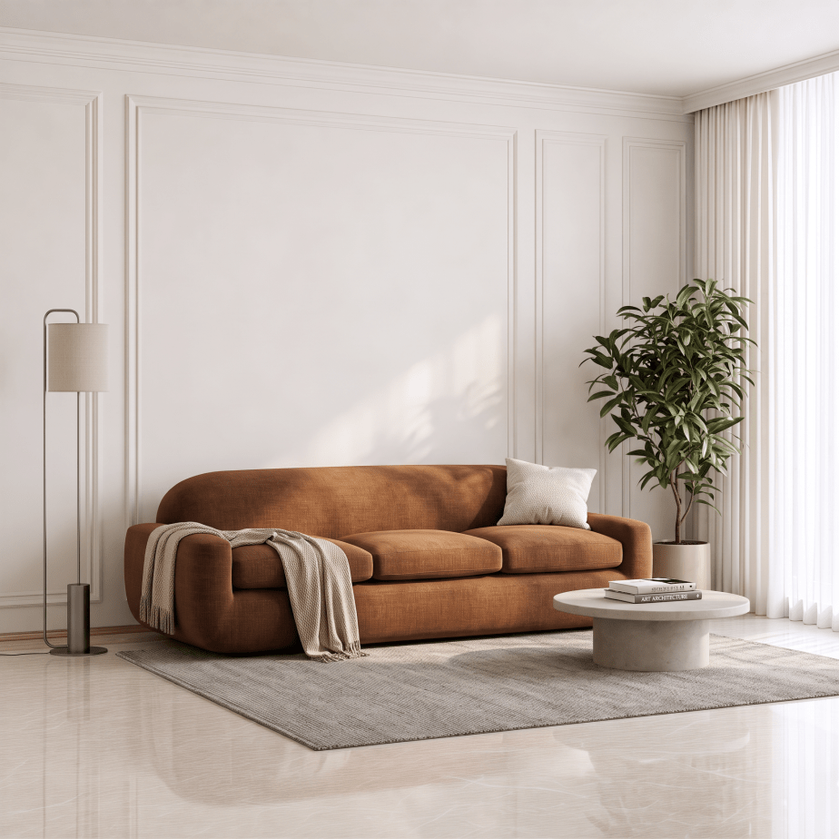 A modern brown velvet sofa in a bright, minimalist living room with white paneled walls, a gray rug, a white coffee table, and a floor lamp.